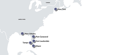 Map of cruise embarkation ports for the Caribbean region