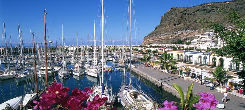 A picturesque view of Puerto de Mogán in Gran Canaria, Spain, featuring a marina filled with sailboats, colorful waterfront buildings, palm trees, and vibrant flowers set against rocky hills and a clear blue sky.  Select 66 more words to run Humanizer.